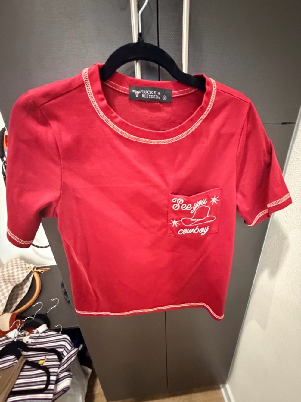 Lucky & Blessed Red 'See You Cowboy' Pocket Tee
